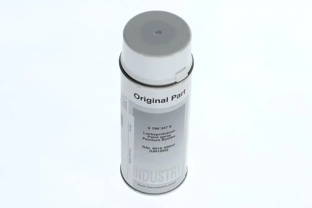Sprühdose mit schwarzem und silbernem Design von Bosch, beschriftet mit "Original Part" und weiteren Produktdetails, auf weißem Hintergrund.